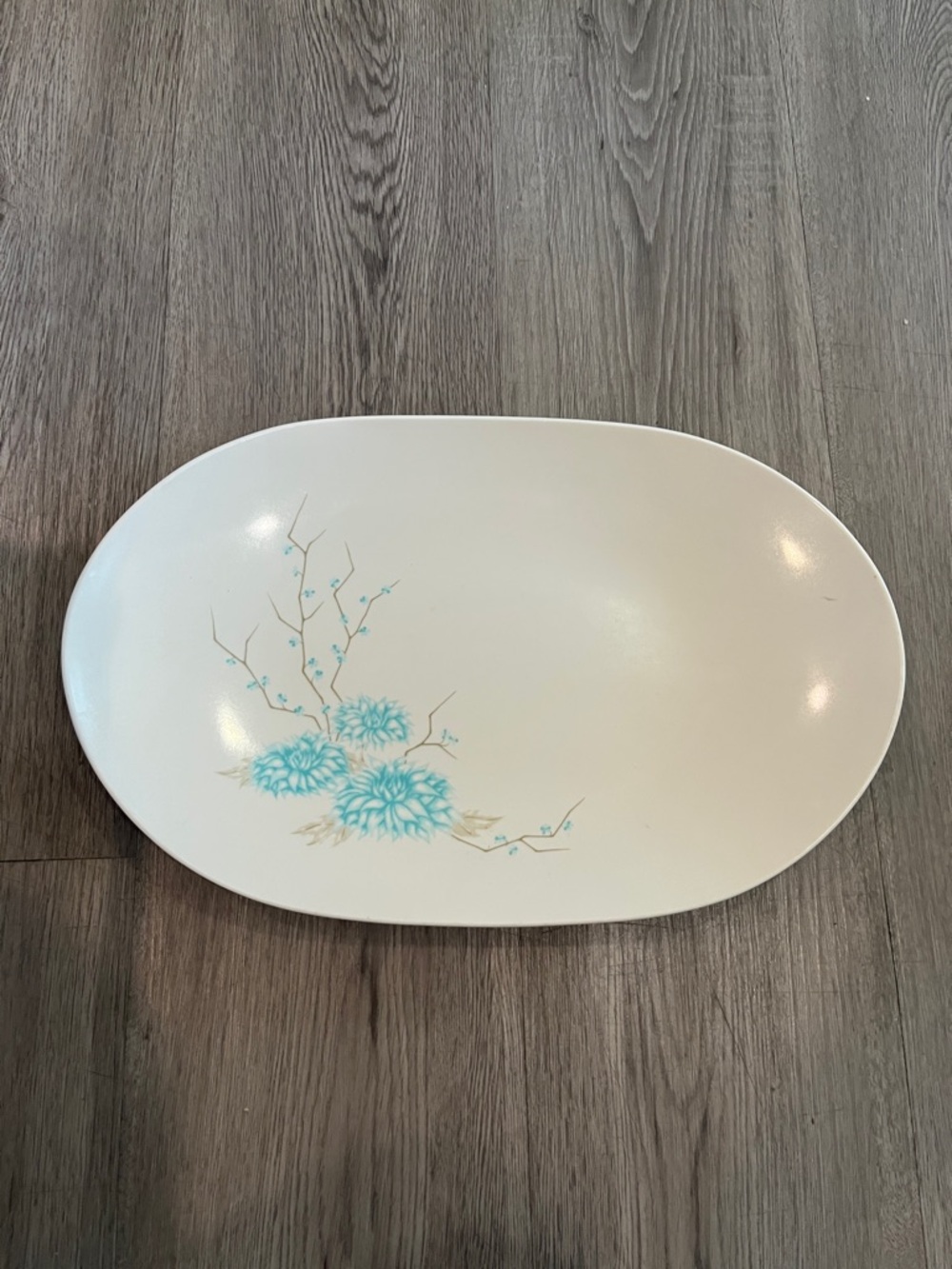 White Oval Serving Platter with Teal Floral Design vintage